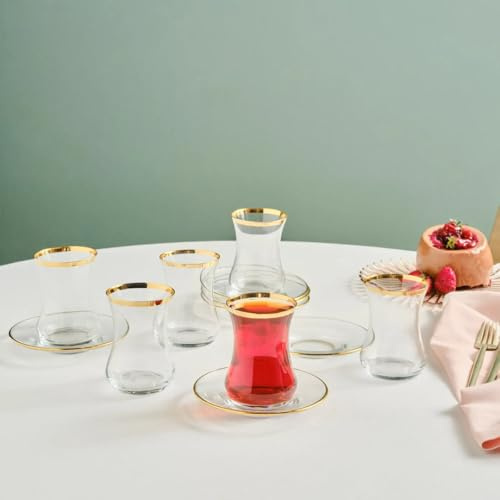 Karaca Sydney 12-Piece Glass Turkish Tea Set for 6 People, Gold