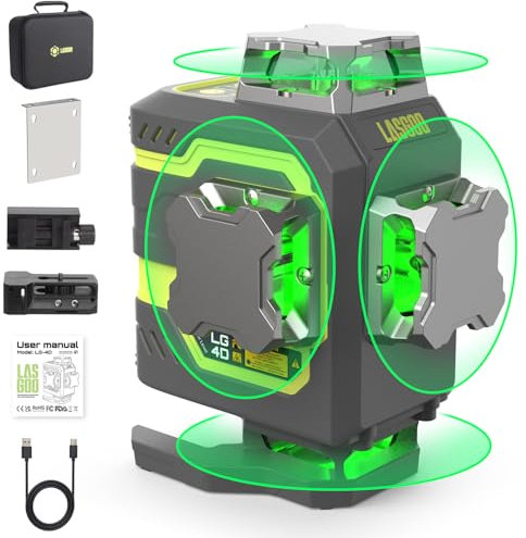 Livella laser LasGoo LG-4D 16, raggio verde 4x360°, autolivellante con doppia linea orizzontale e verticale. Ideale per edilizia e montaggio. Include staffa magnetica a perno