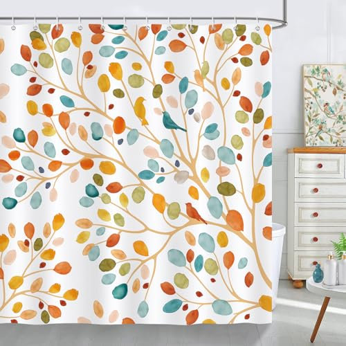 Bonhause Cortina de Ducha Boho Floral Hojas de Acuarela Coloridas Plantas Moderno Abstracta Cortina de Baño de Poliéster Impermeable Antimoho Lavable Cortina Ducha 180 x 180 cm con 12 Ganchos