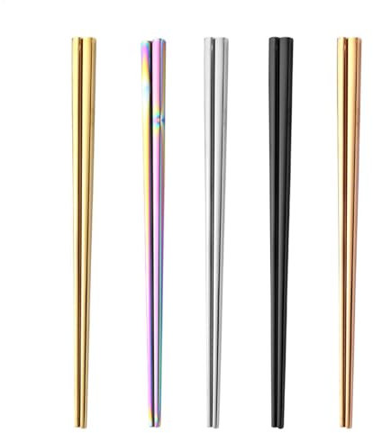 Bacchette in metallo, 5 paia di bacchette in acciaio inox, antiscivolo, lavabili in lavastoviglie, leggere, quadrate, riutilizzabili, giapponesi, coreane, cinesi, per scrivania e cucina