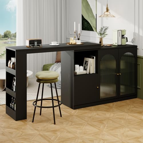 Wiuzo Wohnzimmer Bartisch 360° drehbarer ESS- und Barschrank mit Glasschranktüren,120x40x97 cm, Aufbewahrungsschrank mit offenen Regalen und Schränken für Wohnzimmer, Esszimmer&Küche - Schwarz
