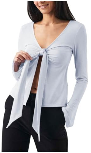 Tshirt Damen Leicht Und Luftig, Günstig Sexy T-Shirt Mit Langen Ärmeln Und Schleife Zum Binden Slim Fit, Sonderangebot Bluse Weich Bequem, Shirt Top Casual Fashion, Oberteile Elegant Schick