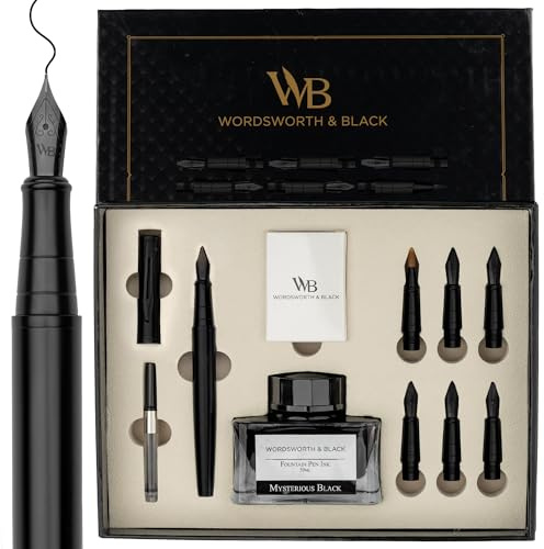 Wordsworth & Black Set de Regalo Pluma de Caligrafía, Incluye Botella de Tinta, 6 Cartuchos de Tinta, Convertidor de Recarga, 6 Plumillas de Repuesto, Diario, Escritura Suave, [Todo Negro]