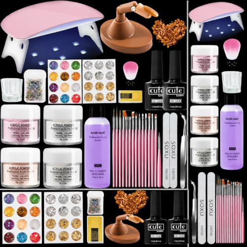 CENBEII Acrylic Nail Kit Acrylic Powder: Practice Hand Finger with Nail Tips Nail Practice Kit - 4 Colors Powder 75ml Acrylic Liquid Polygel Nail Kit - Nail Lamp Nail Extension Kit for Nail Art