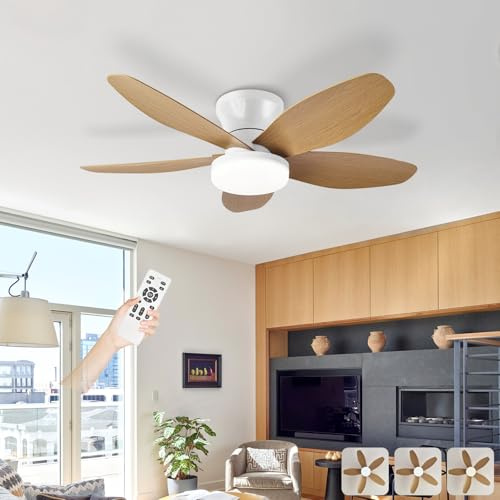 Ventilateur Plafond Avec Lumiere Silencieux, Lustre Ventilo De Plafond Avec Lampe Intégrée Réversible DC Moteur, LED Luminaire Ventilateur Plafonnier Pour Chambre Salon Cuisine-White+WoodGrain||36in