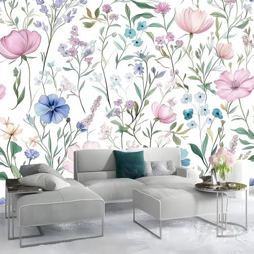 Papel pintado 250 x 175 cm Papel tapiz fotográfico Fotomurales Vista 3D Pequeñas Flores Silvestres Acuarela Naturaleza Oficina Lana Decoración De Pared Sala Cuarto Color cálido azul claro