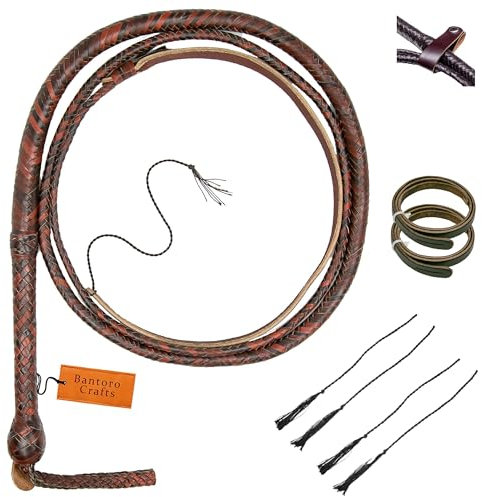 Bantoro Crafts Marrone e Rosso Frusta in pelle di canguro Bullwhip16 Trecce Fili Pelle intrecciata Frusta che schiocca forte (4 Piedi (1,21 Metri))