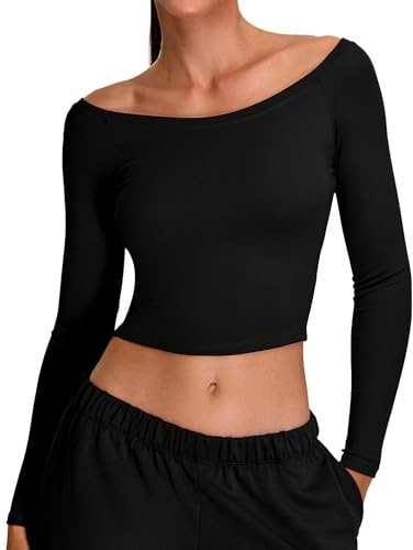SEAUR T-Shirts de Sport Femme à Manche Longues Épaule Dénudée Crop Top Gym Yoga Haut d'entraînement Basique M