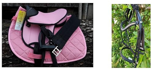 HKM Shettysattel Set pink inkl. Funny Trense mit Strass Steinen und Zügeln - Holzpferd Sattel