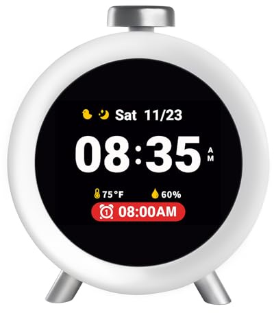 Dekala Despertador Infantil Caja Redonda con Pantalla IPS, Sensor De Temperatura & Humedad, Temas Interactivos, Sonidos De Sueño, Alarmas Personalizables para Niños Y Niñas (gris)