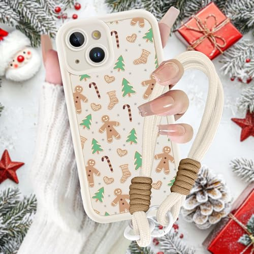 Krdvekm Funda para iPhone 15 6,1'' Navidad Calcetín Carcasa con Cuerda Strap Aesthetic Christmas Print patrón Mujeres Niñas Diseño Colgante Cordon Correa Antigolpes Protección Cámara Case