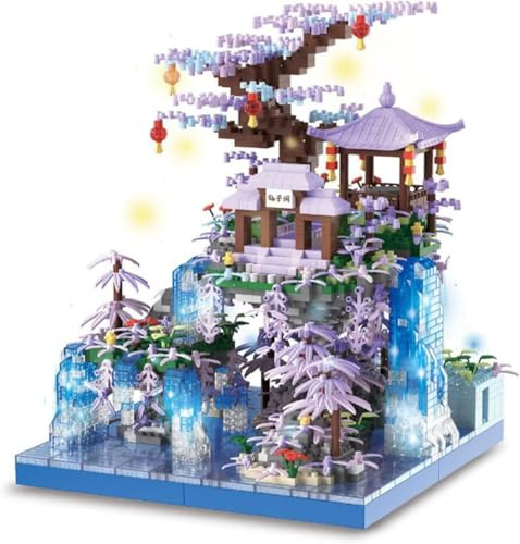 Chinese Garden Cherry Blossom Tree House Micro Building Block Set, Pavilion Waterfall Bonsai Architecture Kit with LED Light, 3000+ Mini Pieces Creative Gift for Adults and Kids