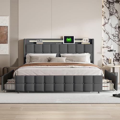 WSOFZMO Doppel Bett 160x200 mit Lattenrost, Doppelbett Polsterbett 160x200 mit Stauraum, Boxspringbett, Jugendbett, Betten mit 4 Schubladen, LED und USB, Leinen, ohne Matratze