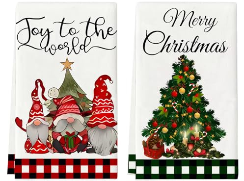 QITHGYD 2er Set Geschirrtücher Weihnachten – Küchentücher Geschirrtücher mit Gnom & Tannenbaum Motiv, 45x70 cm – Weiche Geschirrhandtücher Weihnachten als Handtuch Dekoration