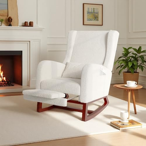 PerGar Gungstol med benstöd, gungstol med högt ryggstöd, stoppad relaxfåtölj, amningsstol, fåtölj för vardagsrum, sovrum och balkong, nallesammet, off-white