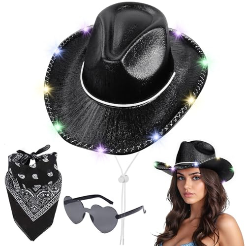 Aomig CowboyHut Damen Herren Fashion Westernhut Cowboyhüte Cowgrilhut-G | Rockstar Randlose Hippie Herzförmige Brille Halstuch Wilder Westen Party Geburtstagsfeier Fasching Karneval Kostüm Party