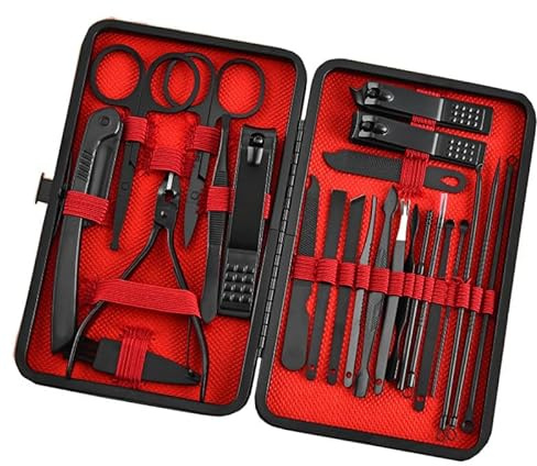 Laphontab manikyrset, 24 delar, nagelklippare, pedikyr-set, nagelvårdsset, manikyrverktyg, gåva till män, kvinnor, vänner och föräldrar (svart och röd) (15,6 x 10,5 x 1,8)
