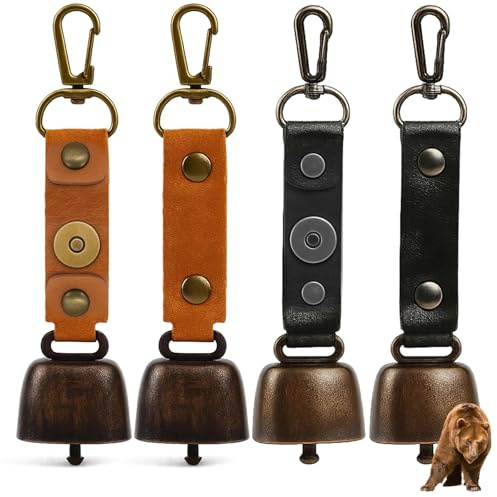 PjuQow 4 Stück Kuhglocken mit Karabiner - Metall & Leder, kuhglocke, glocken, Multi functional compact horn drum, suitable as a keychain decoration for outdoor hiking, backpacks and other occasions