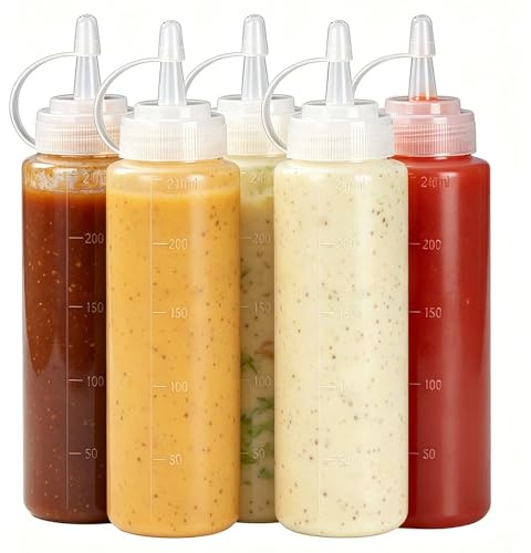 Houbobo 5 Pack Condiment Squeeze Bottles, Reusable 240 ML Squeeze Bottles for Sauces, Leak Proof Condiment Containers for Ketchup, BBQ Sauce, Dressing, Oil, Honey & Dressings, Mustard