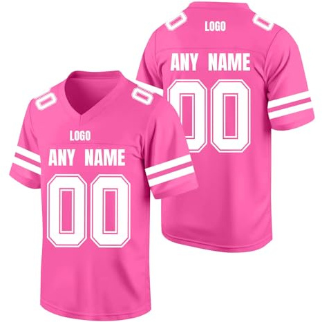 Kids and Youth Custom Football Jersey Short Sleeve, Breathable Moisture Wicking Shirt with Personalised Logo, Name and Number Pink
