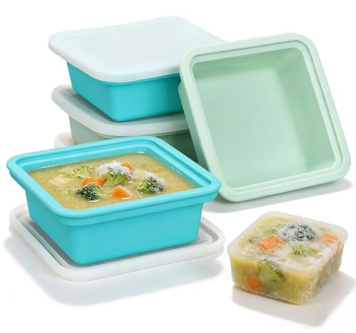 VINATO Set de 4 Bandejas de Congelación en Silicona con Tapa (2 Azul + 2 Verde),Souper Cubes,Moldes de Silicona para Congelador– Molde para Cubitos de Hielo Extra Grande 500ml, para Salsas y Sopas