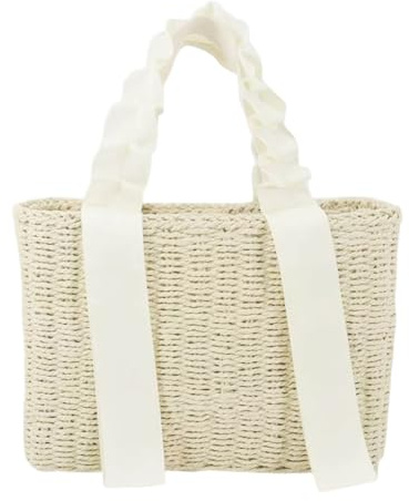 Elegante bolso de paja tejido a mano para mujer, bolso de playa bohemio, elegante bolso tejido con asas de cinta, perfecto para viajar y ir de compras, caqui, 34X19X13cm