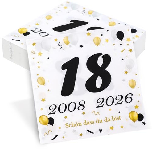 50 Stück Servietten 18. Geburtstag, Seutgjie 18 Geburtstag Deko 2008-2026 Schwarz Gold Tisch-Deko Party Gedeckter Tisch