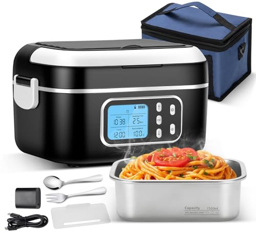 Fiambrera Electrica 27000mAh Calentador de Comida Portatil 1,5L Lunch Box, con temporizador y control de temperatura, para oficina, camión y exteriores