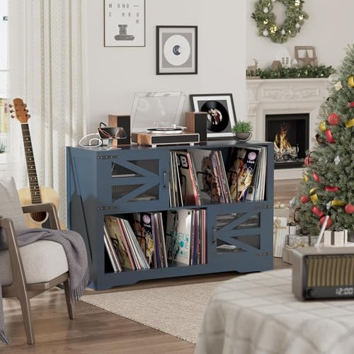 AeasyG MDF Mobile per Dischi con Finitura Noce,Supporto per 500+ Vinili, 2 Prese di Corrente & 2 USB,Anticaduta, Mobiletto Compatto per Soggiorno e Giradischi，Colore Blu(120×40×80cm)