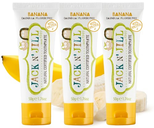 Jack N’ Jill Natural Certified Kids Toothpaste – Fluoride-Free Toddler & Baby Toothpaste with 40% Xylitol, No Sugar, Suitable from 6 Months+, Organic Banana Flavour, Pack of 3 (50g Each)
