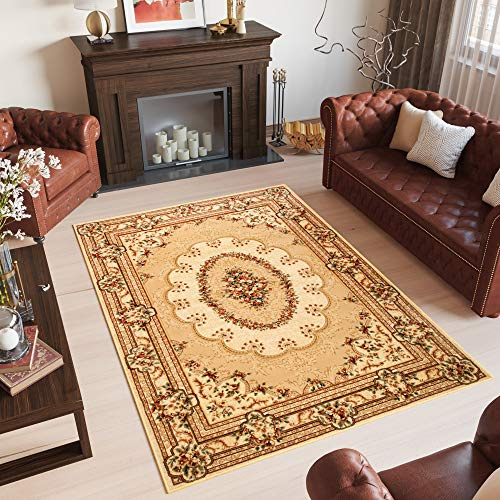 TAPISO Yesemek Teppich Klassisch Kurzflor Wohnzimmer Orientalisch Medaillon Muster Bordüre Braun Beige Creme Barock Design ÖKOTEX 300 x 400 cm