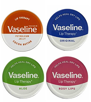 Vaseline - Balsamo per labbra Lip Therapy, 20 g. Burro di cacao, aloe, rosy lips e gusto originale. Lenisce le labbra secche (confezione da 4).