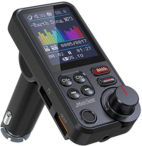 Nulaxy Car Bluetooth Transmitter, 1.8 Color Screen Bluetooth Car Radio Adapter with Strong Microphone for Better Hands Free Calls, Supports QC3.0 Charging, Treble and Bass Sound Music Player- KM30