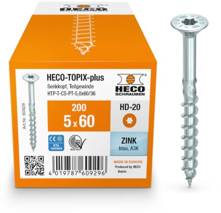 HECO-TOPIX-plus Holzschraube 5 x 60, Senkkopf mit Frästaschen, HECO-Drive, HD-20, Teilgewinde, verzinkt blau, A3K, 200 Stück