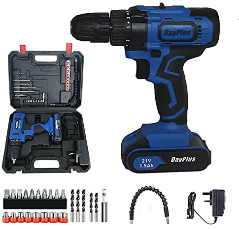 21V Cordless Drill with 1×1.5Ah Battery, Heavy Duty Electric Drill and Screwdriver Set, Impact Driver 45Nm, 2900RPM Max Speed, 2 Speed, Forward and Reverse Setting, LED Worklight