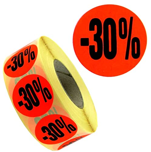 1.000 Aktionsetiketten -30% leuchtrot ablösbar 32mm | Aufdruck -30%, Ø 32mm rund, selbstklebend ablösbar, 1 Rolle