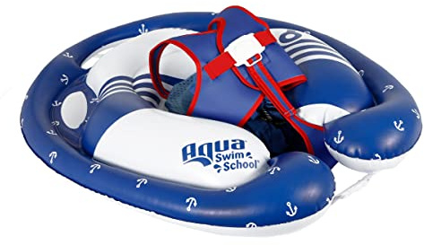 SwimSchool Freestyle Swimmer Baby Pool Float with Multi-Position, Adjustable Safety Seat, Dual Air Chambers Safe, Red-White-Blue Nautical