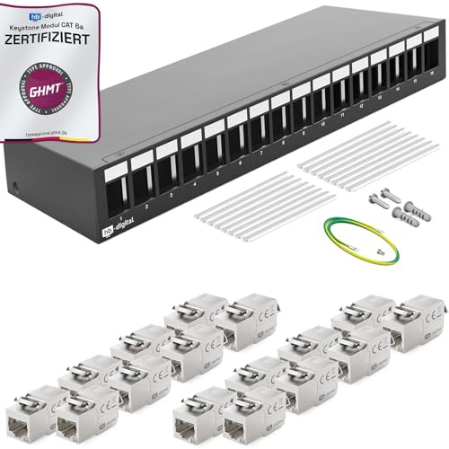 HB-DIGITAL 16-Port Patchpanel Patchfeld Verteilerfeld 1 HE 16x CAT 6a RJ45 Keystone Jack Modul - GHMT Zertifiziert - vollgeschirmt STP 10 Gbps Kompatibel mit Verlegekabel Netzwerkkabel LAN - Schwarz