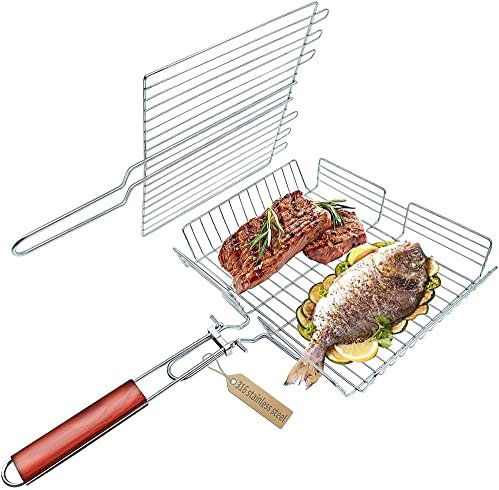 AVEEWA Grillkorb Grillzubehör Edelstahl tragbar mit klappbarem abnehmbarem Griff Outdoor BBQ Grillkörbe für Fisch Fleisch Gemüse-60CM