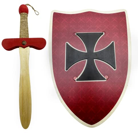 Escudo y Espada Medieval de Madera con relieve - Niños y Niñas - Disfraz Medieval, Regalos Cumpleaños, Complemento Juegos, Juegos Imitación, Juguete (30 cm, Rojo)