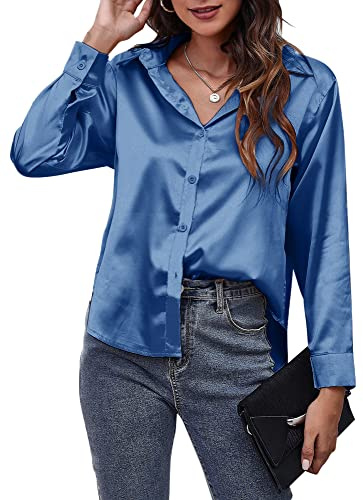 Chemise en satin pour femme à manches longues - Chemises boutonnées - Haut de travail en soie pour femmes - Hauts de bureau pour femmes, bleu, L
