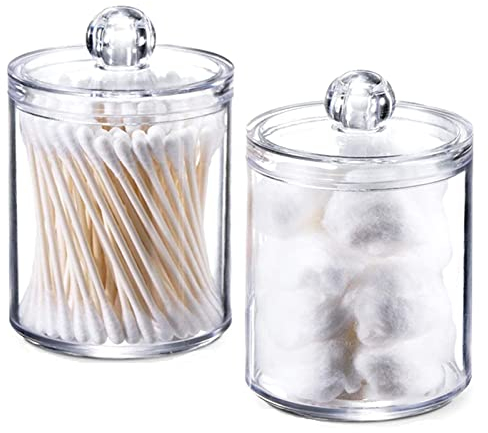 Hwtcjx 2 PCS Cotton Bud Holder, Bathroom Jars, Cotton Pad Holder with Lids, Cotton Buds Holder Dispenser for Cotton Ball, Swab, Round Pads, Floss, Bathroom Canister Storage Organization (C)
