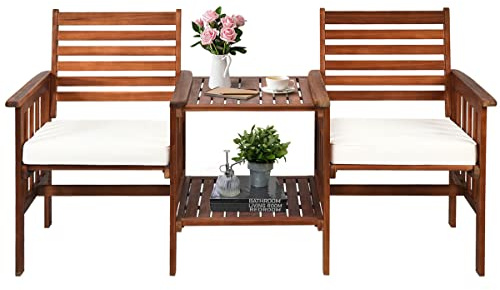 GOPLUS 3 Pièces Salon de Jardin 2 Personnes en Bois d'Acacia avec 2 Fauteuils et 1 Table, Chaises Banc de Patio 2 Places avec Trou Parasol pour Terrasse, Patio, Salon, Balcon (Blanc)