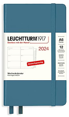 LEUCHTTURM1917 367635 Wochenkalender Pocket (A6) 2024, mit Extraheft für Adressen und Jahrestage, Stone Blue, Deutsch, 12 Monate