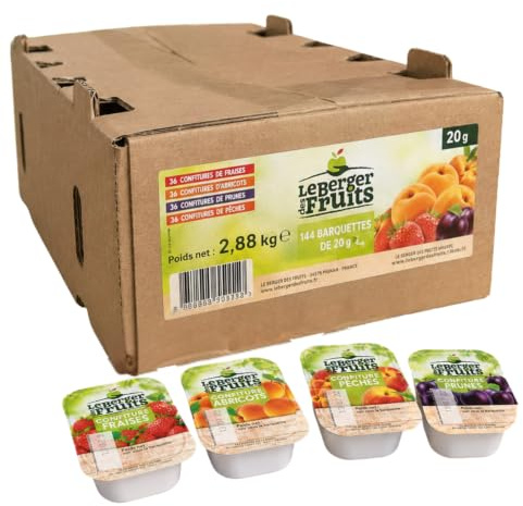 LE BERGER DES FRUITS - 144 Préparations de Fruits individuelles - 20 g | Assortiment prune, pêche, abricot et fraise - Idéal petit déjeuner, brunch, goûter - Hôtel, gîte, chambre d'hôtes, Airbnb