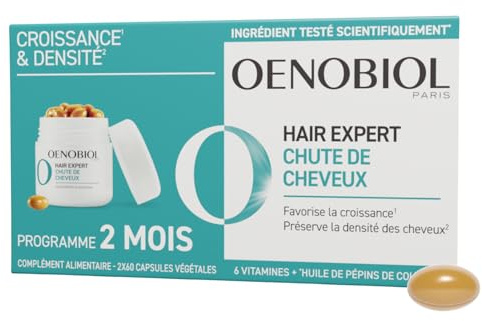 OENOBIOL Chute de cheveux Hair Expert - Formule Anti-Chute - 2 mois | Triple action croissance, densité et revitalisation - Apporte force et vitalité - Complément alimentaire 2x60 capsules