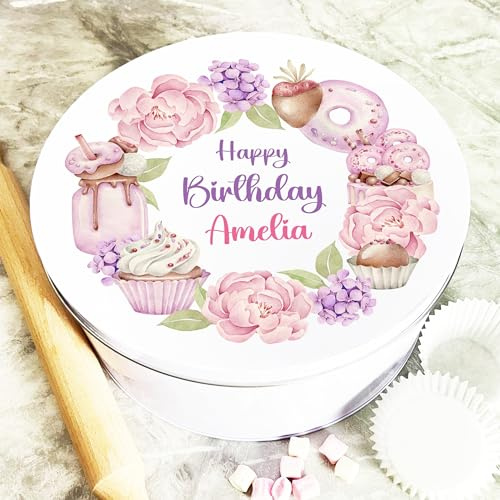 Round Birthday Cake Sweets Pretty Flowers Pink Personalised Cake Tin Personalised Gift | Custom Gift | Personalized Tin | Cake, Biscuit & Treat Tins | Gift For Her | Gift For Him