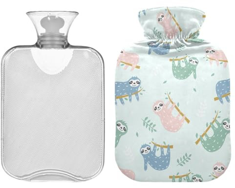 ZZXXB Faultier-Aquarell-Wärmflasche mit Fleece-Bezug, PVC-Wärmbeutel, 1 Liter