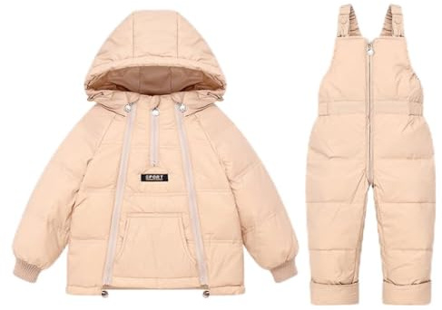 Acuryx Tuta da Neve Invernale da Bambini 2 Pezzi Capppotto Piumino con Cappuccio e Saloppette da Sci Antivento Impermeabile Khaki 2-3 Anni