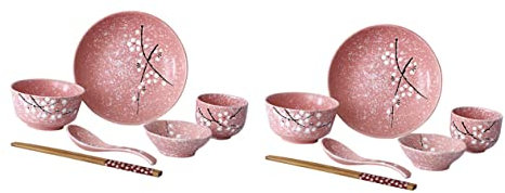 Zerodeko 1 Juego Tazón De Cerámica Japonés Flor Vajilla Cuchara De Mesa Platos De Estilo Japones Tazones De Arroz Japoneses Madera Auriculares Rosa Individual Familiar
